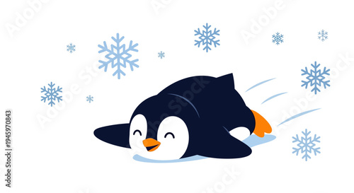 Happy cartoon penguin sliding on its belly in snow surrounded by blue snowflakes on an isolated white background.