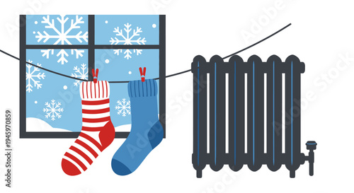 Colorful knitted socks drying on a clothesline above a dark radiator by a window showing falling snowflakes, warm indoor winter scene.
