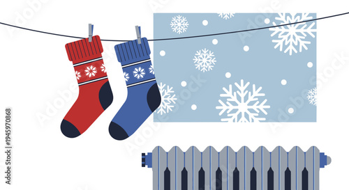 Warm knitted socks drying on a clothesline above a radiator against a snowy blue background with snowflakes, cozy indoor scene.