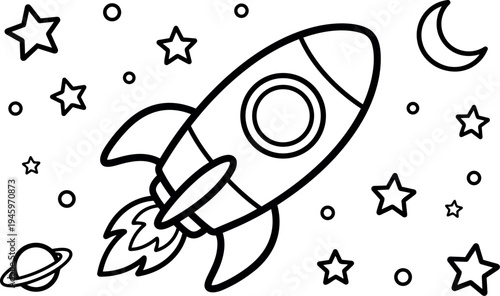 Black and white line art rocket ship flying in space surrounded by stars planets and crescent moon simple vector design