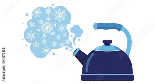 Blue kettle boiling with steam turning into delicate snowflakes on an isolated white background.