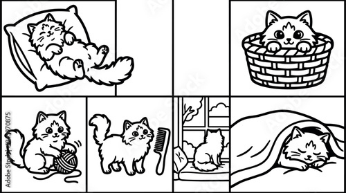 Black and white line art cute fluffy cat sleeping playing yarn comb basket cozy sleeping under blanket and looking window illustrations