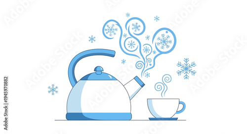 Hot tea with a blue teapot, steaming teacup, and swirling snowflakes on an isolated white background, cozy winter drink concept.