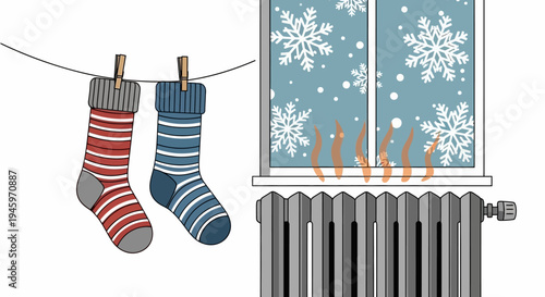 Cozy knitted socks drying on a clothesline above a warm radiator by a window with falling snowflakes outside, indoor winter scene.