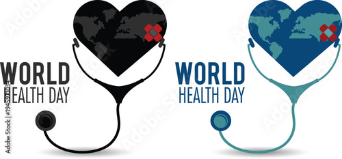 World Health Day icon set collection featuring heart, stethoscope, global health care symbols and medical awareness concepts.
