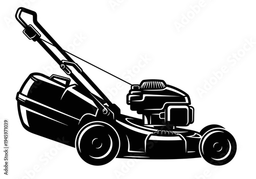 Walk Behind Lawn Mower with Grass Catcher Vector Silhouette Isolated on White Background