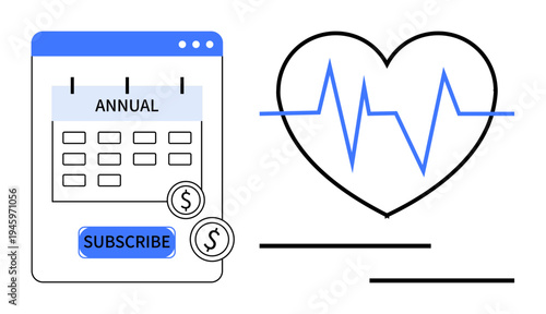 Subscription services, health tracking, membership plans, budgeting, online payments, financial planning. A calendar marked annual, dollar icons and a heart with a pulse line. Subscription services