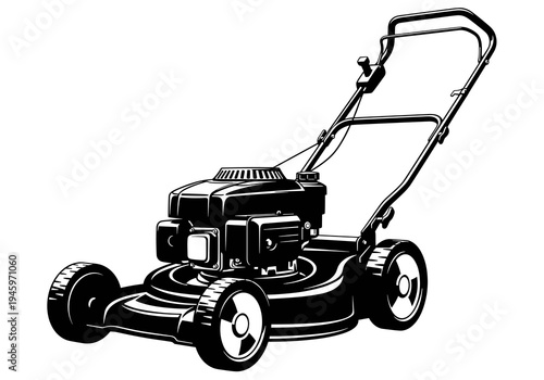 Walk Behind Lawn Mower with Upright Handle Vector Silhouette Isolated on White Background