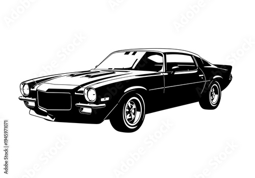 Classic American Muscle Coupe with Sharp Front End Vector Silhouette Isolated on White Background
