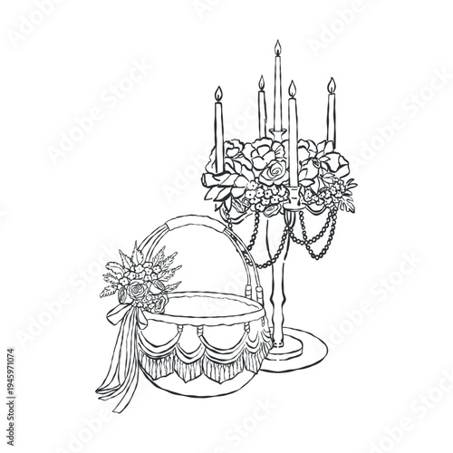 An illustration of a vintage candelabra with candles, flowers, pearl beads, and a festive basket. Vector outline clip art for weddings and holidays in blue.