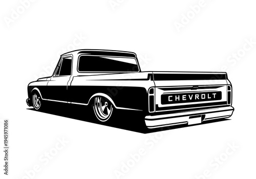 Classic Lowered Vintage Pickup Truck Rear View Vector Silhouette Isolated on White Background
