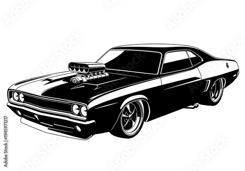 Classic American Muscle Car with Supercharger Vector Silhouette Isolated on White Background