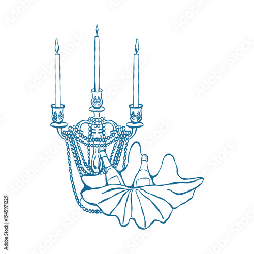 An illustration of a vintage candelabra with pearl beads and candles, and a seashell with a bottle of wine. A retro composition for coastal-style weddings and celebrations. Blue vector outline clip