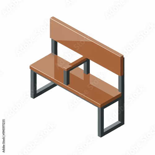 Modern Wooden Park Bench with Metal Frame Isometric View.