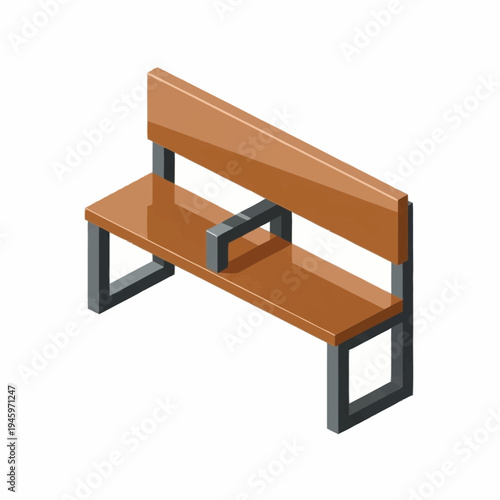 Modern Wooden Park Bench with Metal Frame Isometric View.