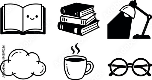 Black and white minimalist vector icons representing education and study with smiling book stack coffee cup cloud and glasses