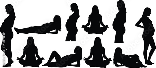Pregnant women silhouettes, maternity poses, pregnancy stages, baby bump illustration, prenatal concept, motherhood journey, meditative posture, reclining figure, maternal health, diversity