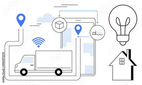 Smart logistics, IoT technology, delivery tracking, supply chain optimization, smart home, innovation. A truck on a route, icons for tracking and IoT house and lightbulb. Smart logistics and IoT