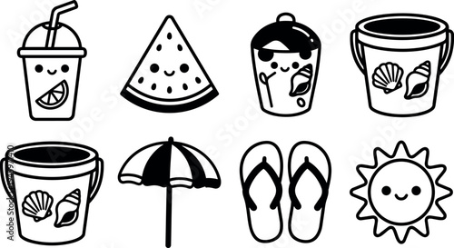 Cute kawaii black and white summer icons set with smiling juice cup watermelon sand bucket umbrella sun and flip flop vector art