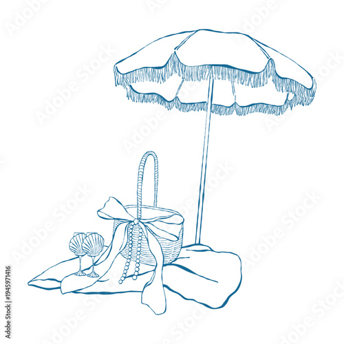 Beach umbrella, basket, and glasses with drinks. Vintage illustration for a beach party or coastal wedding. Vector outline clip art in blue