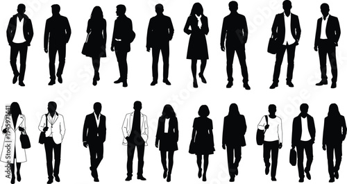 Business and casual silhouettes, diverse attire, walking figures, urban lifestyle, professional posture, demographic diversity, fashion concept, workplace style, modern society, mobility