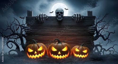 Spooky halloween night with glowing pumpkins and skeleton