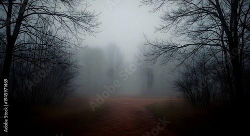 Mysterious foggy forest road at dusk