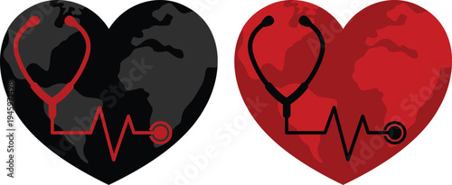 World Health Day icon set collection featuring heart, stethoscope, global health care symbols and medical awareness concepts.