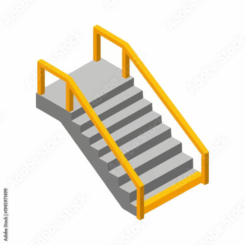 Modern Industrial Staircase with Yellow Handrails Isometric View.