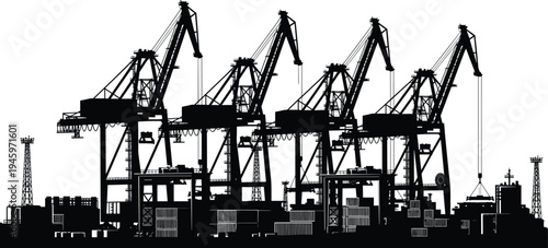 Black industrial port silhouette featuring heavy duty cargo cranes shipping containers and harbor terminal infrastructure isolated on white background vector.