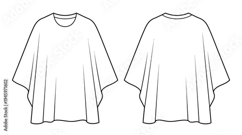 Minimalist women's loose-fit poncho top outline technical fashion flat sketch vector illustration. Front and back view design template for apparel creation, clean and modern
