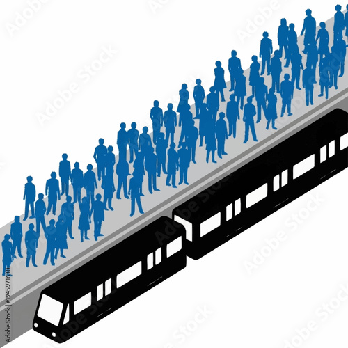 Crowd of blue people waiting for a train on a platform.
