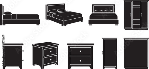 Elegant Bedroom Furniture Icon Set - King Size Bed, Nightstands, and Wardrobe Silhouette