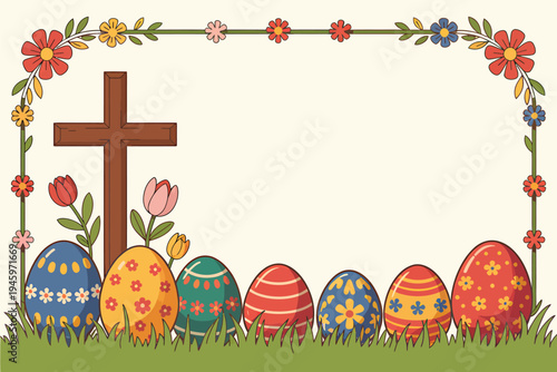 Christian Easter frame with cross and eggs

