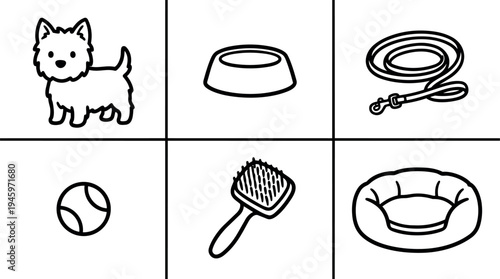 Simple black line art set of small dog with pet bowl leash ball brush and soft bed icons in minimalist vector style