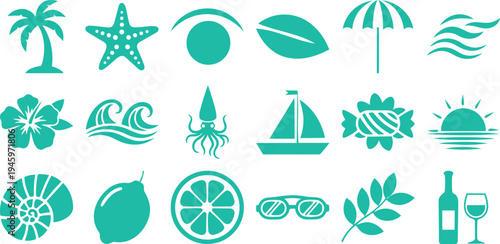 Set of 16 Teal Summer and Beach Themed Vector Icons Featuring Palm Tree, Starfish, Umbrella, Waves, Hibiscus, Squid, Sailboat, Sunset, Seashell, Lemon, Orange, Sunglasses, Leaf, Wine Bottle