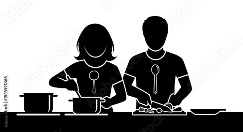 Couple cooking together in kitchen.