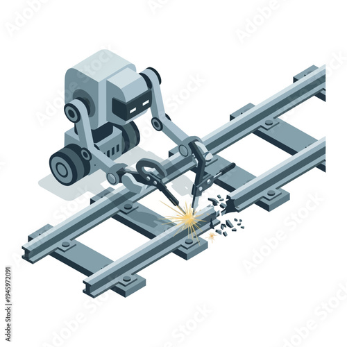 Automated robotic arm cutting metal rails with sparks.