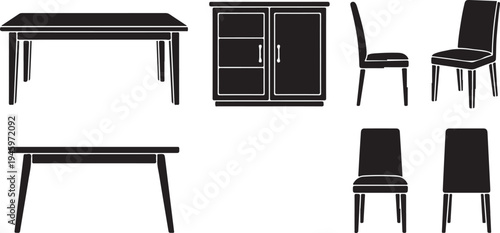 Minimalist Dining Room Furniture Silhouettes - Rectangular Table, Chairs, and Cupboard