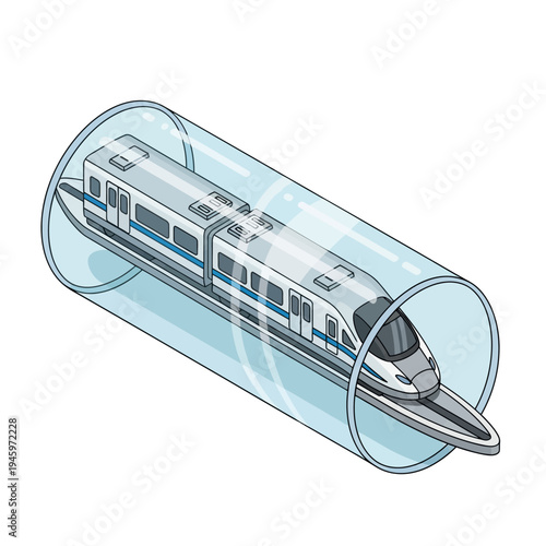 Futuristic High Speed Train Inside Transparent Tube.