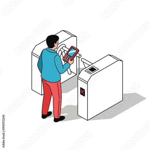 Man Using Mobile Phone at a Modern Turnstile Entrance.
