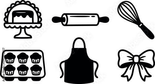 Minimalist black and white vector icons set of baking tools and utensils including cake stand whisk apron rolling pin muffin tray and bow