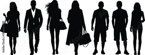 Human silhouettes, walking figures, standing poses, casual clothing, formal attire, handbag accessories, diverse people illustration, posture design, fashion concept, vector art
