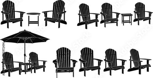 Black silhouette collection of Adirondack garden chairs with wooden side tables and beach umbrella isolated on white background for outdoor design