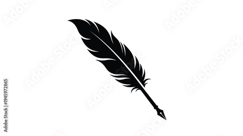 Black feather quill pen against a white background