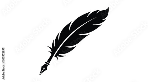 Black feather quill pen on a white background