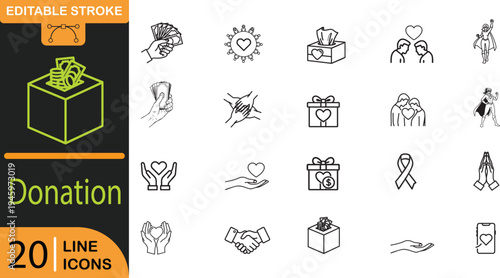 donation line icons set for charity and giving