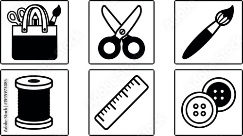 Minimalist icons set showing scissors paintbrush thread spool ruler buttons in simple black and white vector art