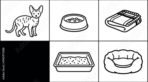 Minimalist black and white line art of hairless cat food bowl folded blanket litter box and cushioned pet bed vector icons set