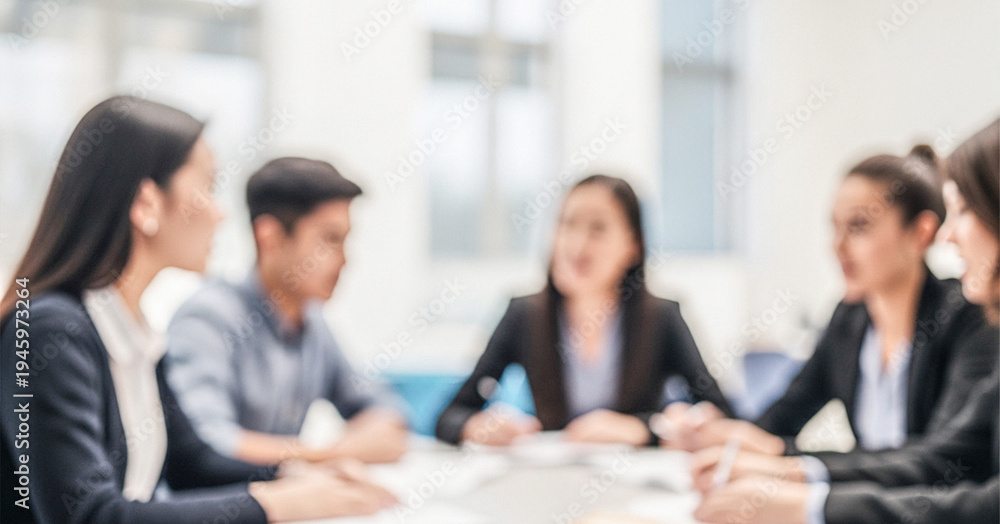 Fototapeta premium A group of professionals engaged in a meeting around a table, discussing strategies and ideas in a modern office environment.